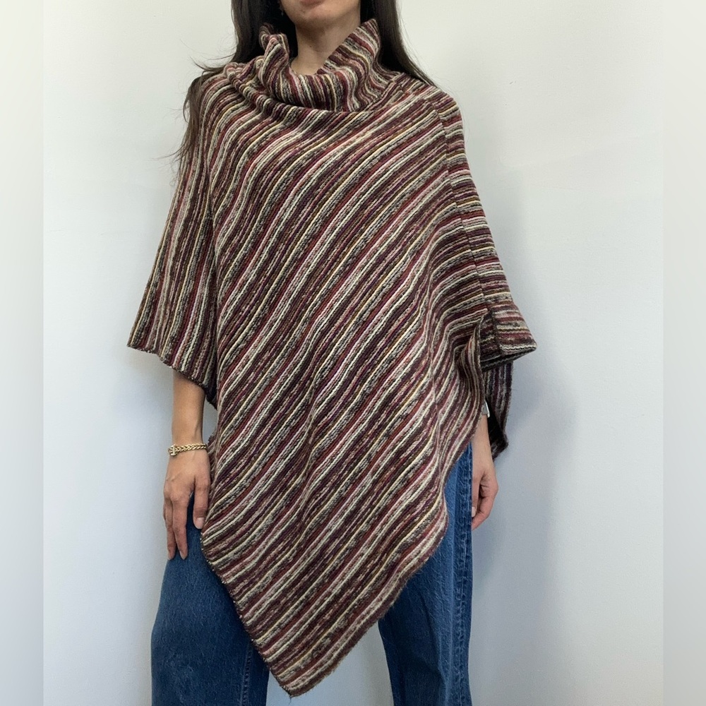 Striped Multi-color Funnel neck Knit Poncho One Size - Picture 2 of 7